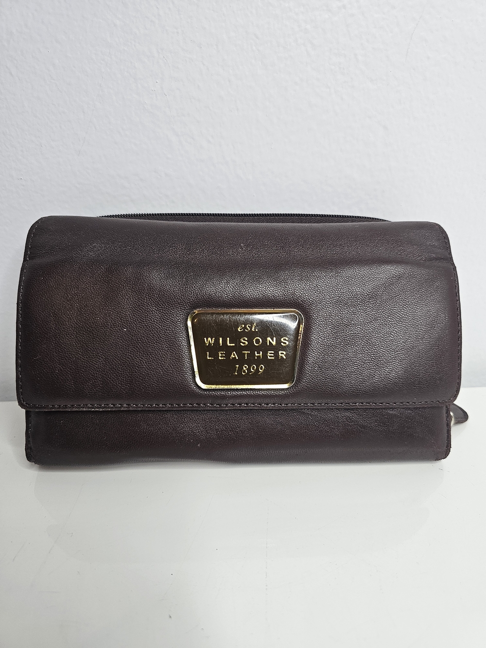 Vintage Wilsons Leather Brown Leather Clutch/Wallet with Gold Emblem